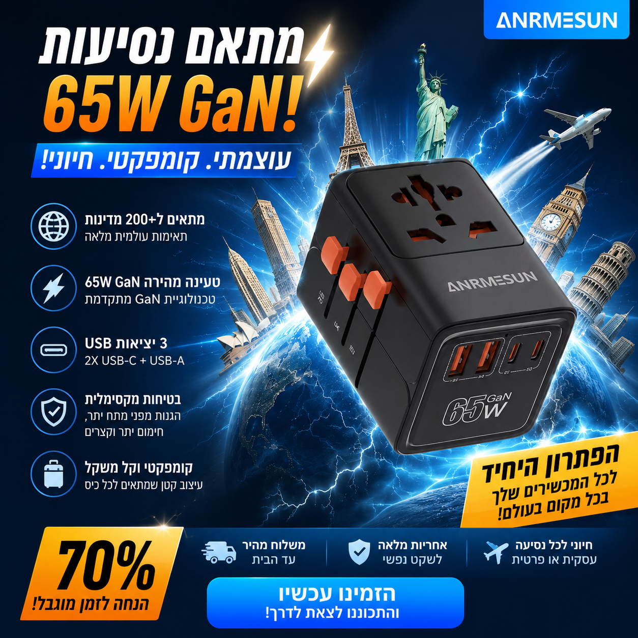 מתאם חשמל לנסיעות. יתאים לכם בכל מקום בעולם. קניה חובה !